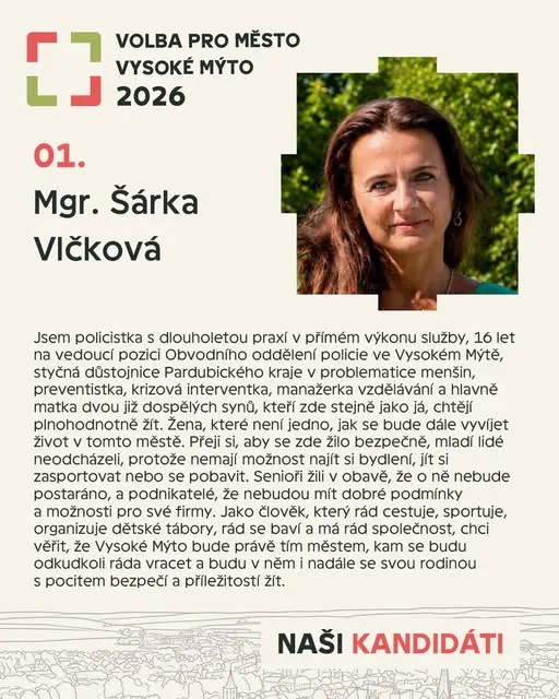 Kartička kandidáta Šárka Vlčková od strany Volba pro město