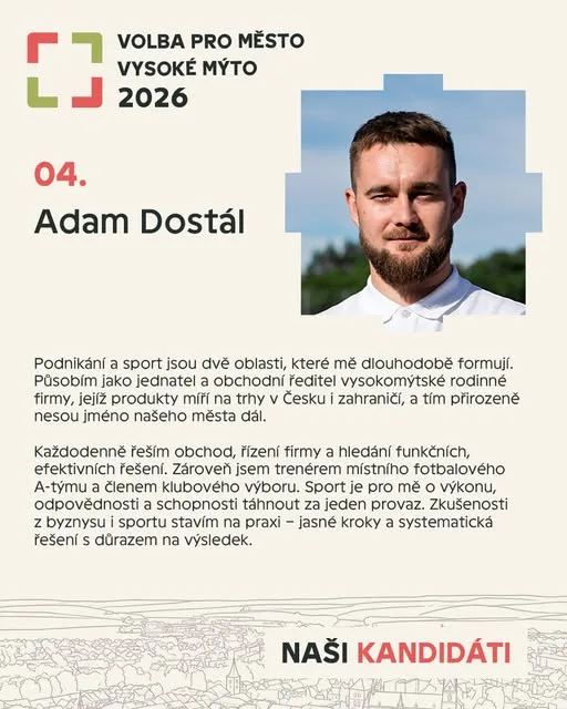 Kartička kandidáta Adam Dostál od strany Volba pro město