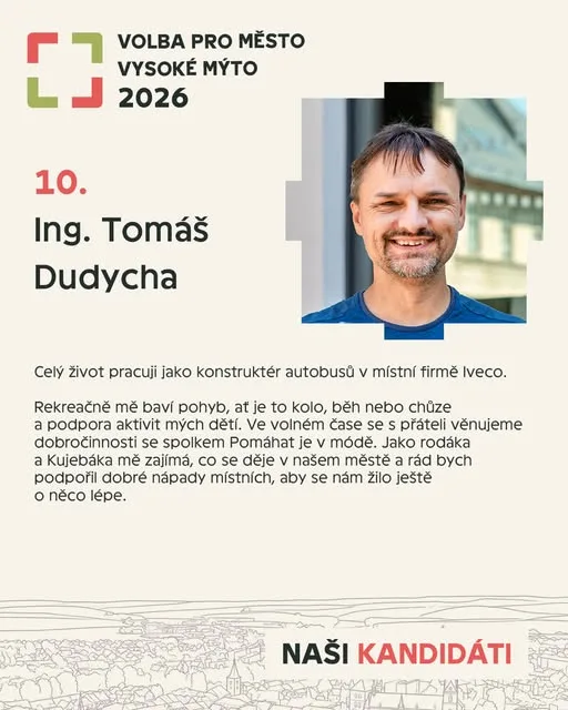 Kartička kandidáta Tomáš Dudycha od strany Volba pro město