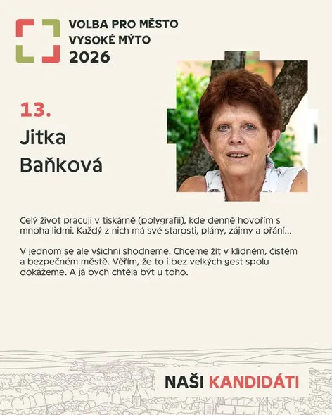 Kartička kandidáta Jitka Baňková od strany Volba pro město
